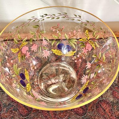 Lot 100 Glass Salad Bowl  Gold Trim Floral Design 11" Across