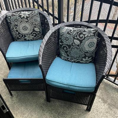 Pair of Woven Chairs with Ottomans and Table (B-MG)