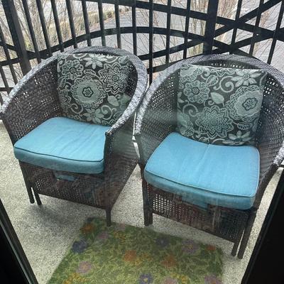 Pair of Woven Chairs with Ottomans and Table (B-MG)