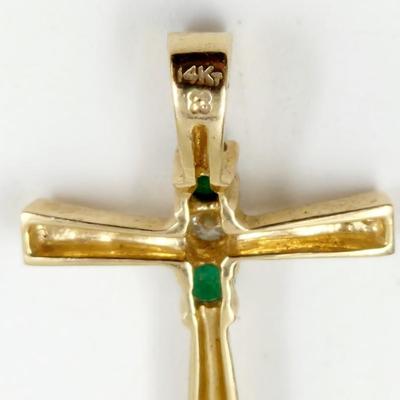 14K GOLD CROSS W/ EMERALD & DIAMONDS