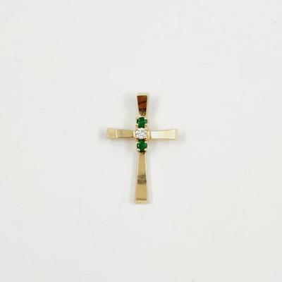 14K GOLD CROSS W/ EMERALD & DIAMONDS