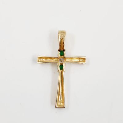 14K GOLD CROSS W/ EMERALD & DIAMONDS