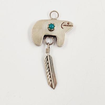 MEXICAN SILVER & TURQUOISE BEAR & FEATHER PENDANT