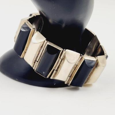 BLACK ONYX & MEXICAN SILVER HINDGED BRACELET