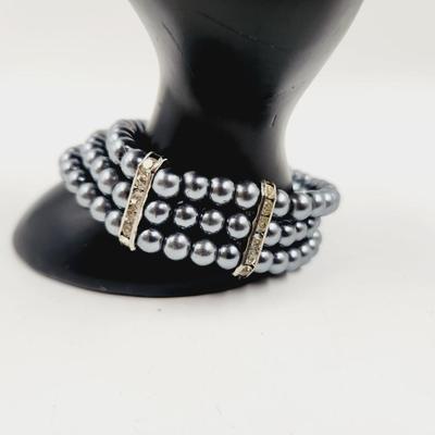 ACRYLIC PEARL - GLASS RHINESTONE 6MM ROUND STRETCHY BRACELET