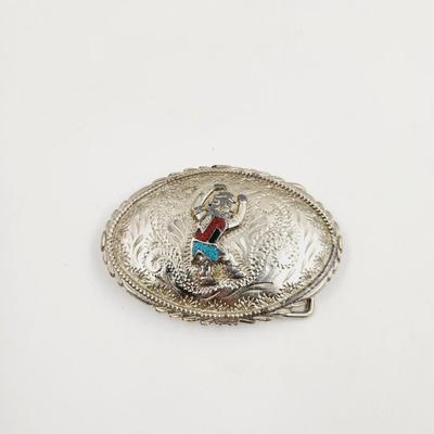VINTAGE SILVER WITH TURQUOISE & CORAL CHIPPED BELT BUCKLE