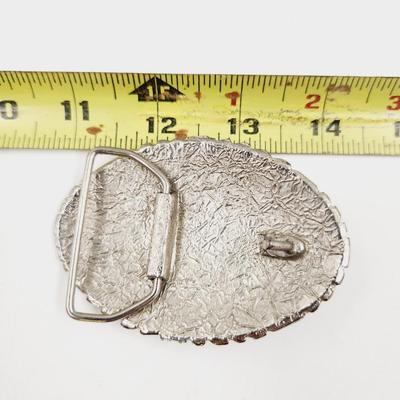 VINTAGE SILVER WITH TURQUOISE & CORAL CHIPPED BELT BUCKLE