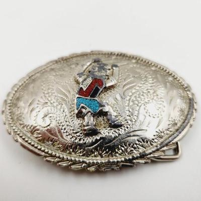 VINTAGE SILVER WITH TURQUOISE & CORAL CHIPPED BELT BUCKLE