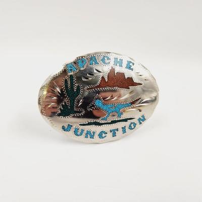 VINTAGE SILVER APACHE JUNCTION TURQUOISE & CORAL CHIPPED BELT BUCKLE