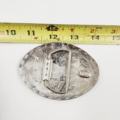 VINTAGE SILVER APACHE JUNCTION TURQUOISE & CORAL CHIPPED BELT BUCKLE