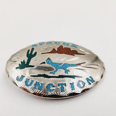 VINTAGE SILVER APACHE JUNCTION TURQUOISE & CORAL CHIPPED BELT BUCKLE