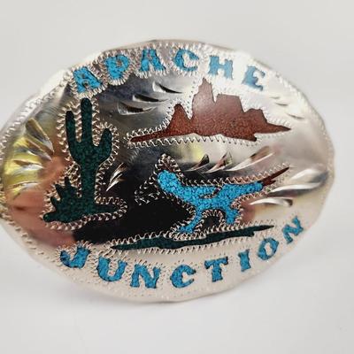 VINTAGE SILVER APACHE JUNCTION TURQUOISE & CORAL CHIPPED BELT BUCKLE