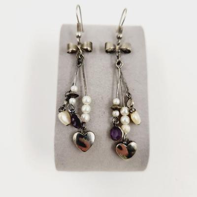 SILVER TONED DESIGNED HANGING EARRINGS W/ AMETHYST STONES
