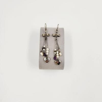 SILVER TONED DESIGNED HANGING EARRINGS W/ AMETHYST STONES