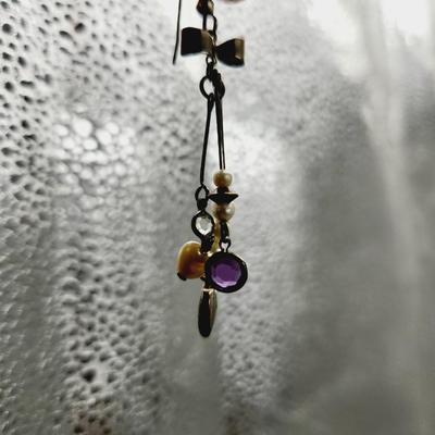 SILVER TONED DESIGNED HANGING EARRINGS W/ AMETHYST STONES