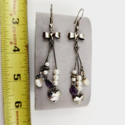 SILVER TONED DESIGNED HANGING EARRINGS W/ AMETHYST STONES