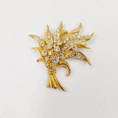 SWAROVSKI CRYSTAL GOLD TONED WHEAT BROOCH