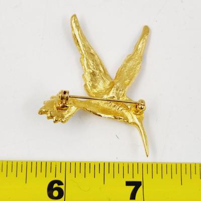 BEAUTIFUL GOLD TONED W/ GLASS RHINESTONE HUMMINGBIRD BROOCH