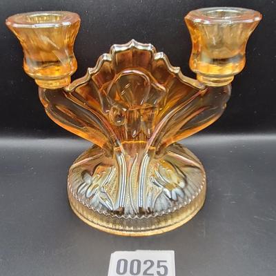Vintage Iris and Herringbone Carnival Glass Candle Holder