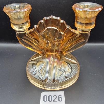 Vintage Iris and Herringbone Carnival Glass Candle Holder