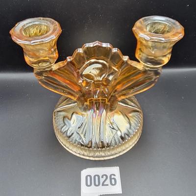 Vintage Iris and Herringbone Carnival Glass Candle Holder