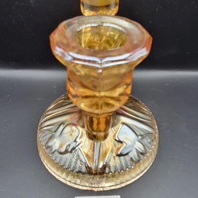 Vintage Iris and Herringbone Carnival Glass Candle Holder