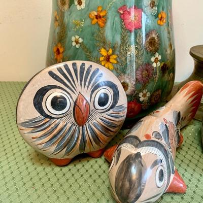 Lot 10R: Pottery Cat, Fish & Owl w/Floral Motif, Tall Brass Candlestick & Floral Waste Paper Basket