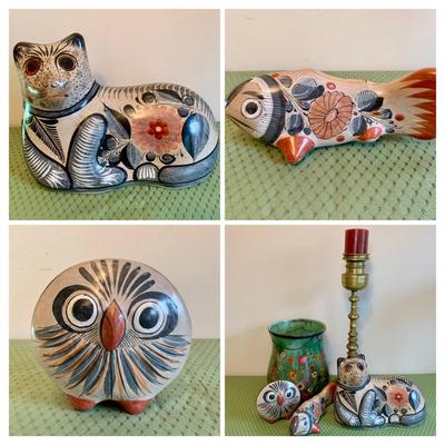Lot 10R: Pottery Cat, Fish & Owl w/Floral Motif, Tall Brass Candlestick & Floral Waste Paper Basket