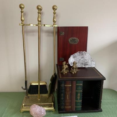 LOT 12R: Brass Fireplace Set, Rotating Faux Book CD Holder, Feng Shui Dragon Figurines, Healing Crystals/Stones