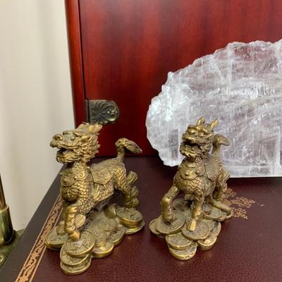 LOT 12R: Brass Fireplace Set, Rotating Faux Book CD Holder, Feng Shui Dragon Figurines, Healing Crystals/Stones
