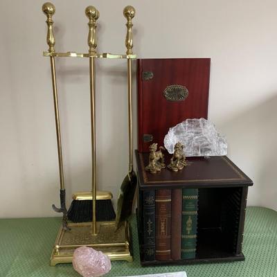 LOT 12R: Brass Fireplace Set, Rotating Faux Book CD Holder, Feng Shui Dragon Figurines, Healing Crystals/Stones