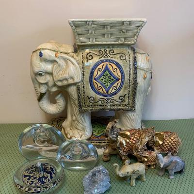 LOT 15R: Elephant Table/Plant Stand, Elephant Figures & Glass Oil Candles