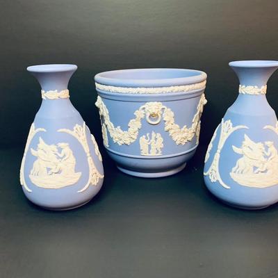 LOT 28R: Wedgewood Pale Blue Jasperware Vases & Planter