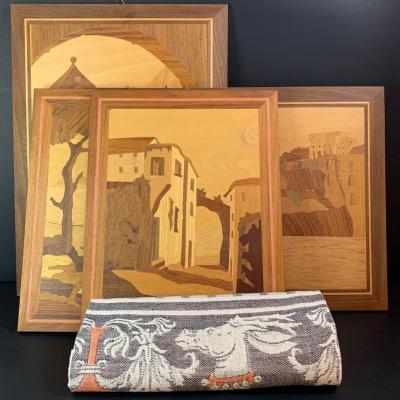 LOT 30R: Vintage Inlaid Wooden Art & Cloth/Tea Towel