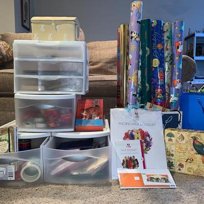 LOT 57R: Plastic Storage Drawers,Gift Wrap & More Lots