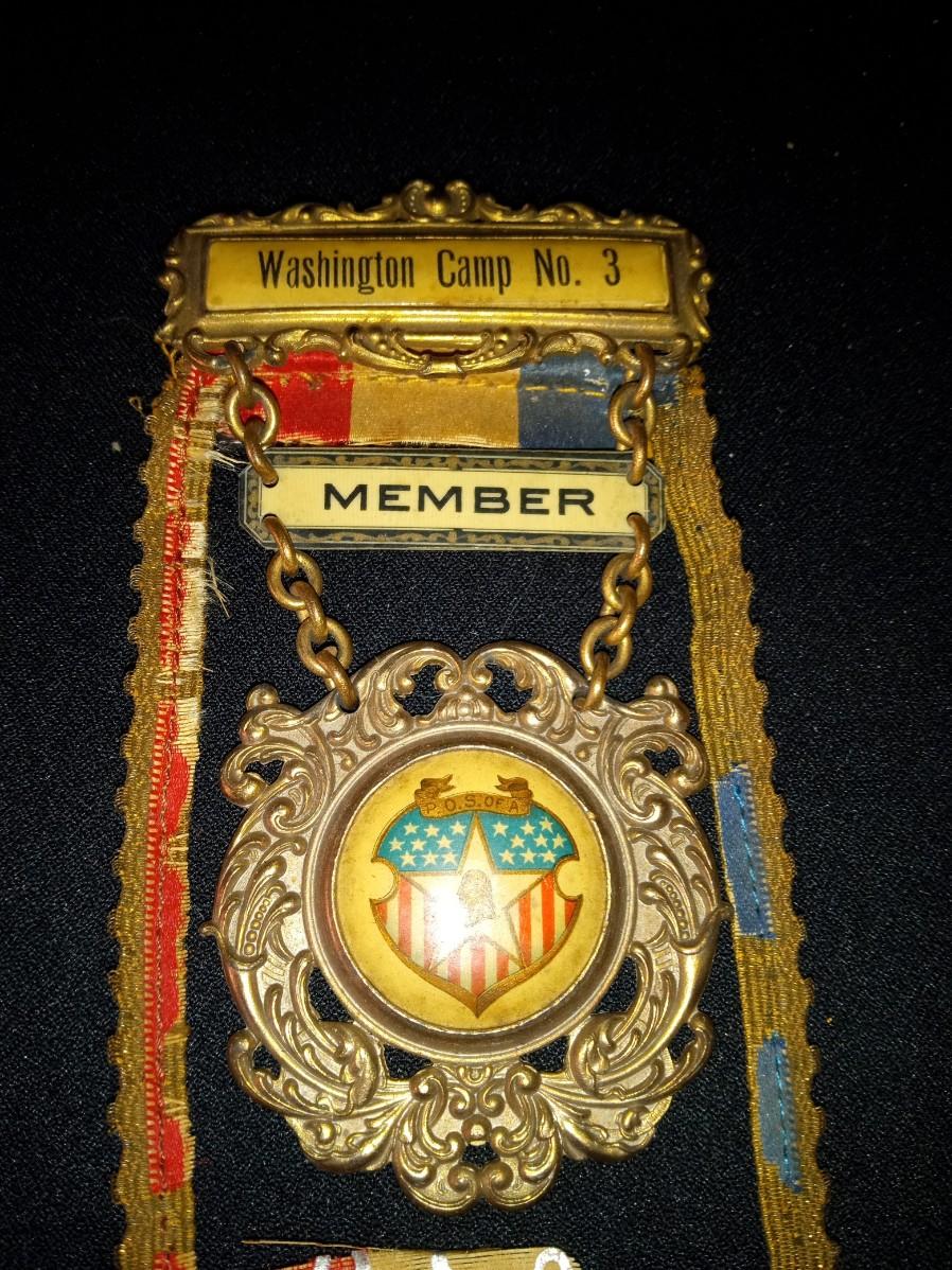 VERY OLD PATRIOTIC ORDER SONS OF AMERICA BADGE AND WASHINGTON PIN