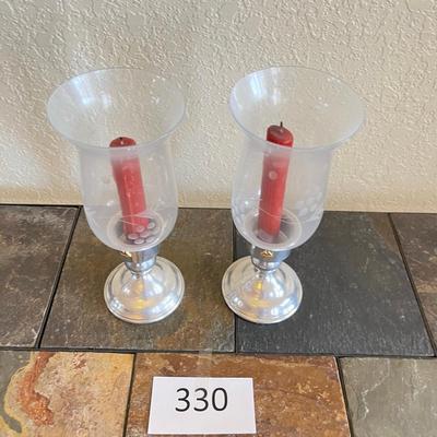Pewter Candlesticks w/ Glass shades