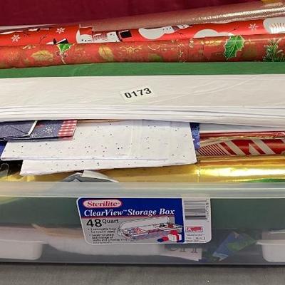 Tote of wrapping paper, bags and tissue paper