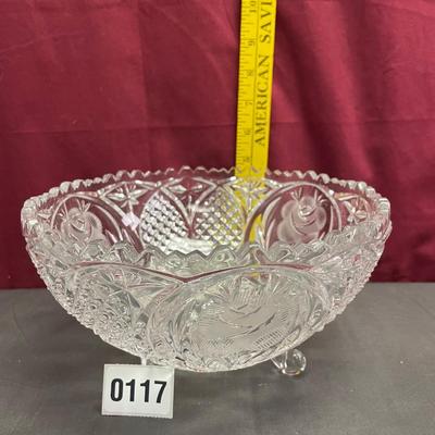 Pressed glass bowl-etched roses/footed pedestal