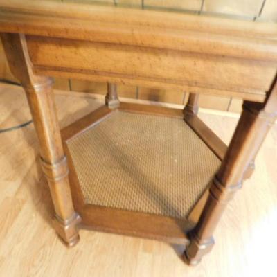 Wood Finish Side Table with Cane Stretcher Shelf