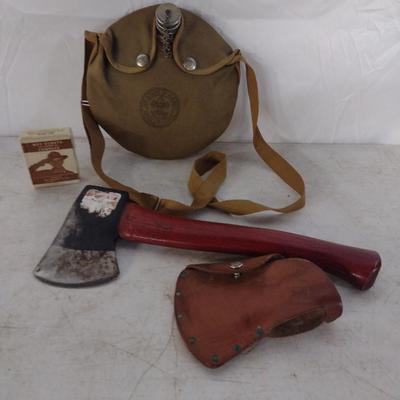 Vintage Boy Scout Tool Collection includes Canteen, Hatchet, and Compass