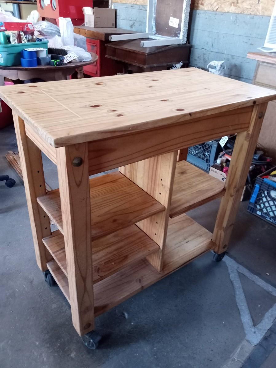 WOODEN KITCHEN ISLAND ON CASTERS
