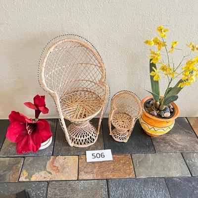 Boho Peacock Chair plant stands w/ Plant arrangements