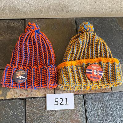 2 Stocking caps with Broncos pins