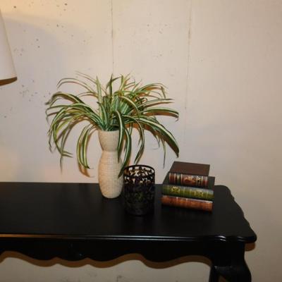 HIDDEN BOOK BOX, BUD VASE WITH FOLIAGE, AND CANDLE HOLDER