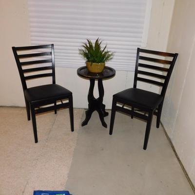 COSCO FOLDING CHAIRS, SMALL TABLE, AND A LOW MAINTENANCE PLANT