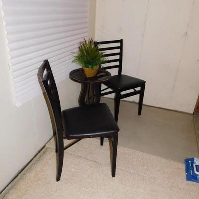 COSCO FOLDING CHAIRS, SMALL TABLE, AND A LOW MAINTENANCE PLANT