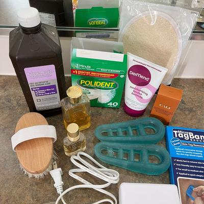 Tub of bathroom supplies