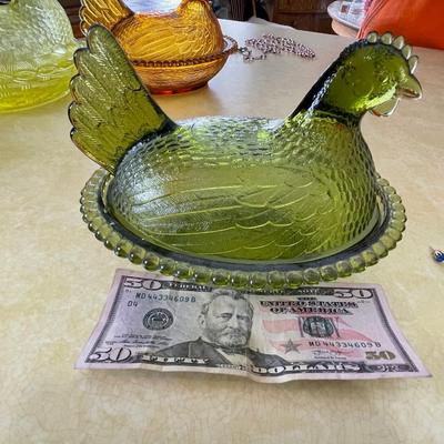 Green Carnival Glass Hen on a Nest