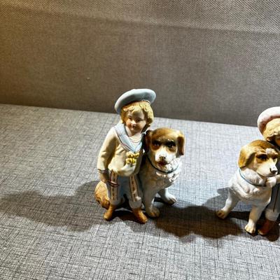 Antique German Bisque Porcelain Children With Dogs 